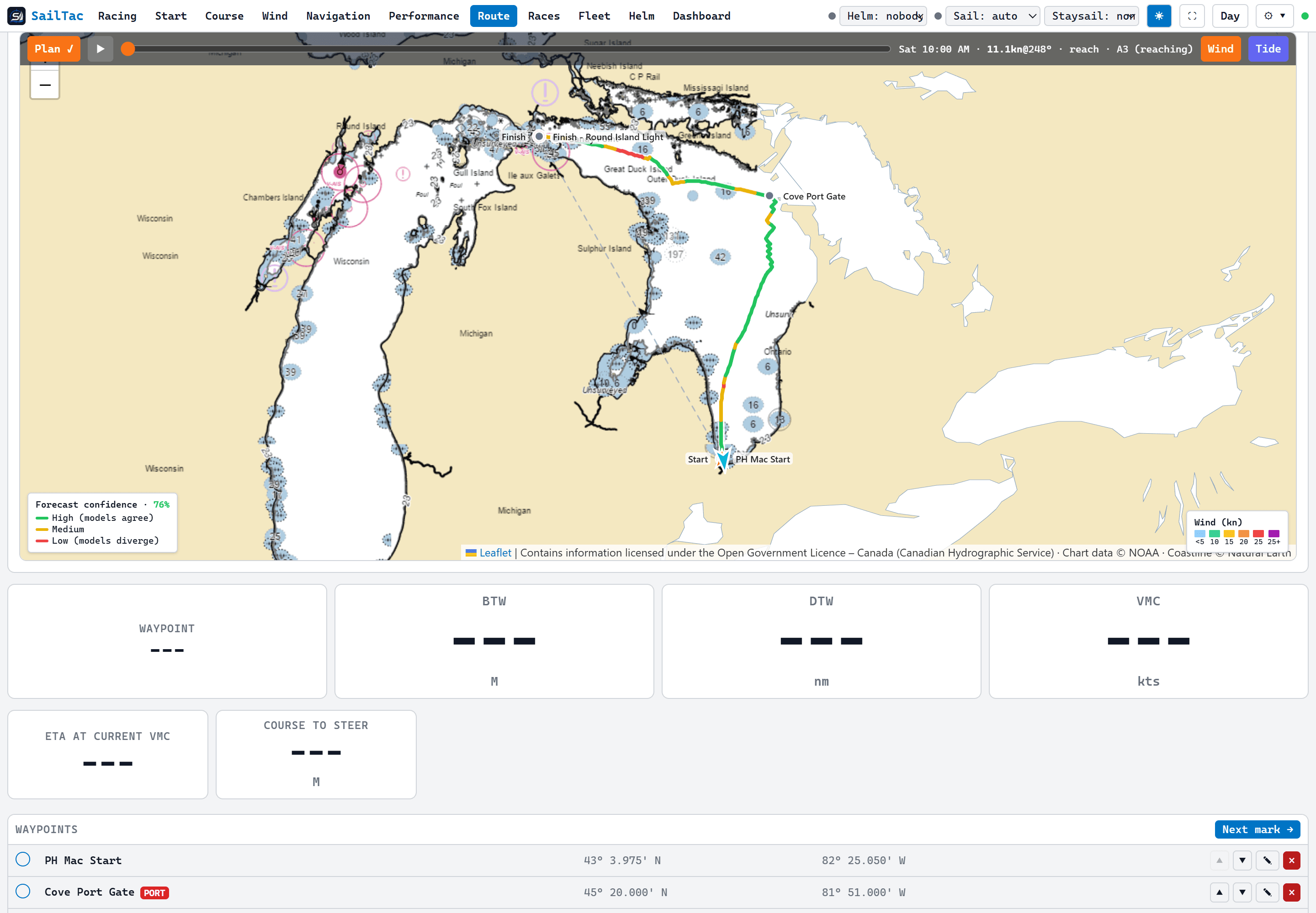 The Route page: an optimized route drawn leg by leg over the chart, colored by forecast confidence, with an animated wind overlay and a time scrubber.